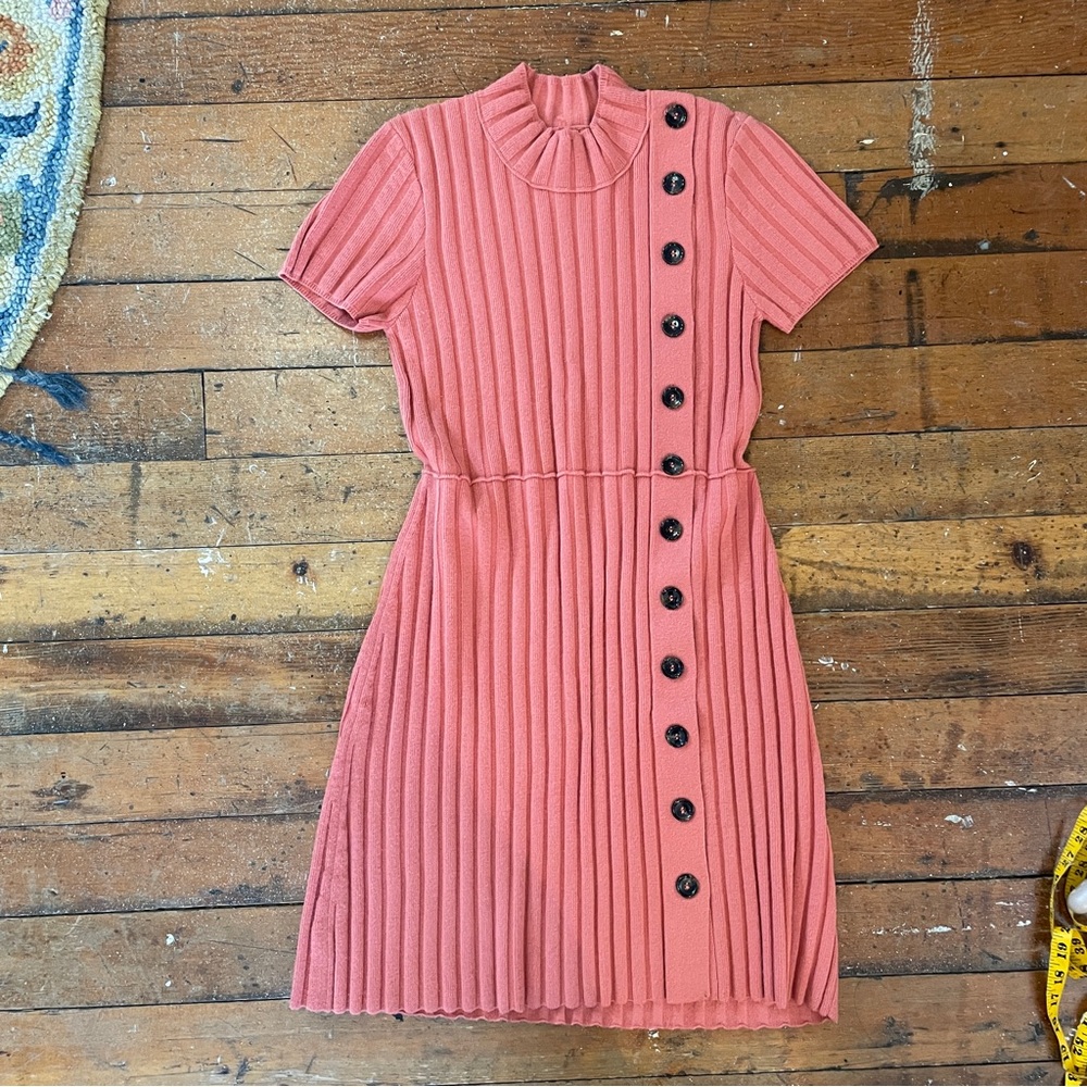 Free People Coral Ribbed Button-Detail Short Sleeve Dress